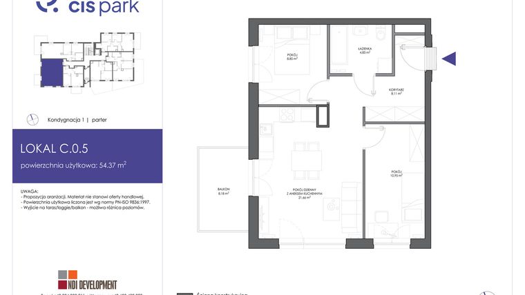 Rzut - Mieszkanie na sprzedaż 3 pokoje o powierzchni 54,37 m² - numer C.0.5 w CIS Park