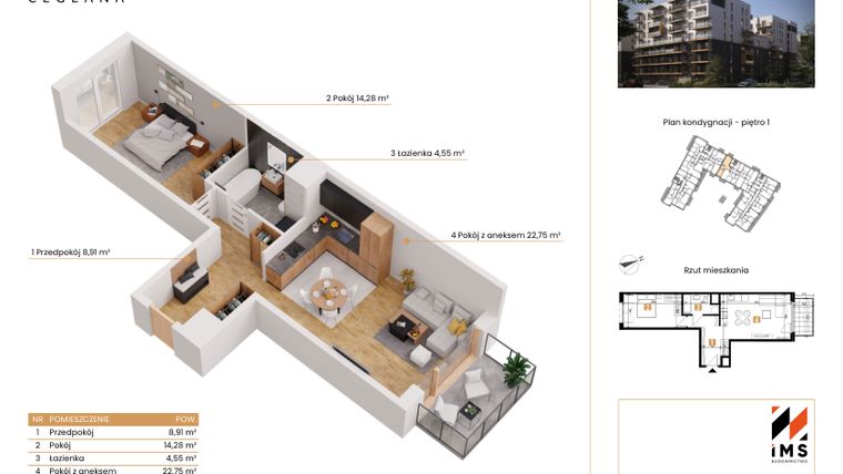 Rzut - Mieszkanie na sprzedaż 2 pokoje o powierzchni 50,39 m² - numer B.1.3 w Rondo Ceglana etap II