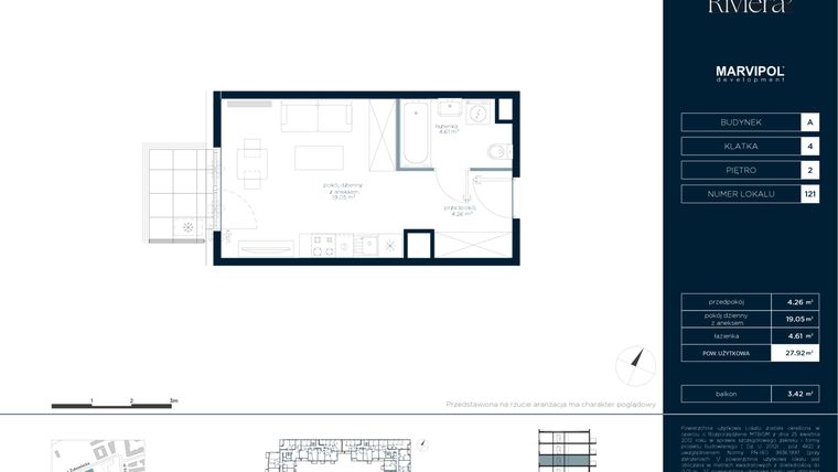 Rzut - Mieszkanie na sprzedaż 1 pokój o powierzchni 27,92 m² - numer A.M121 w Riviera⁵