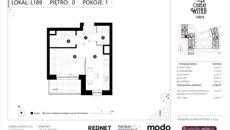 Rzut - Mieszkanie na sprzedaż 1 pokój o powierzchni 28,02 m² - numer L189 w Osiedle Witaj etap II