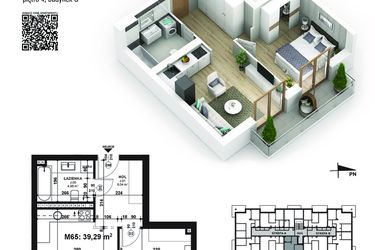 Rzut - Mieszkanie na sprzedaż 2 pokoje o powierzchni 39,29 m² - numer 65 w Piano Park etap V