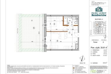 Rzut - Mieszkanie na sprzedaż 2 pokoje o powierzchni 35,61 m² - numer J1-8 w Park Leśny Rembertów etap VIII