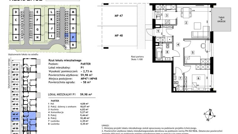 Rzut - Mieszkanie na sprzedaż 3 pokoje o powierzchni 59,98 m² - numer P1 w Złotno Residence