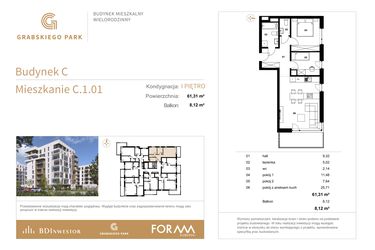 Rzut - Mieszkanie na sprzedaż 3 pokoje o powierzchni 61,31 m² - numer C.1.01 w Grabskiego Park