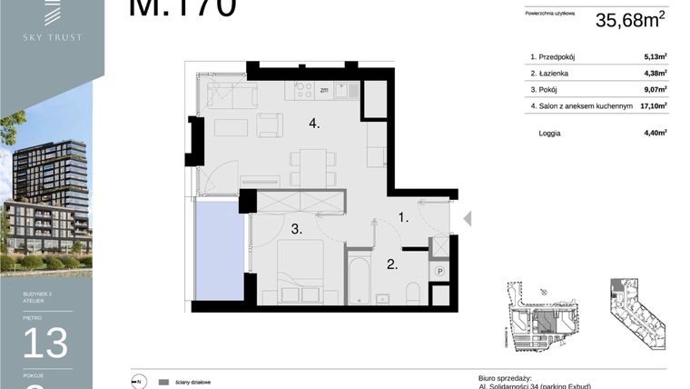 Rzut - Mieszkanie na sprzedaż 2 pokoje o powierzchni 35,68 m² - numer M170 w Sky Trust etap II