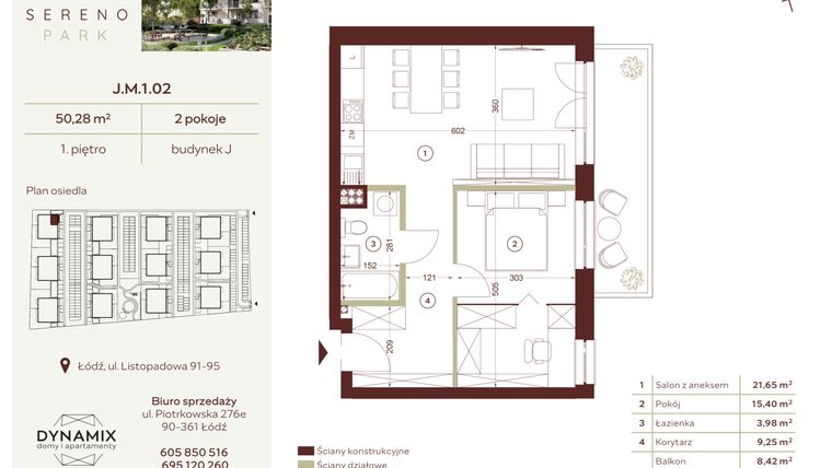 Rzut - Mieszkanie na sprzedaż 2 pokoje o powierzchni 50,28 m² - numer J.M.1.02 w Sereno Park