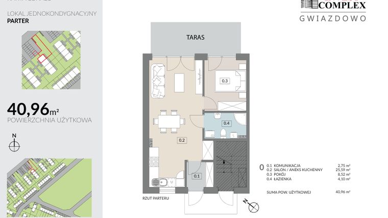 Rzut - Mieszkanie na sprzedaż 2 pokoje o powierzchni 40,96 m² - numer A21.1 w Osiedle Gwiazdowo etap 4b