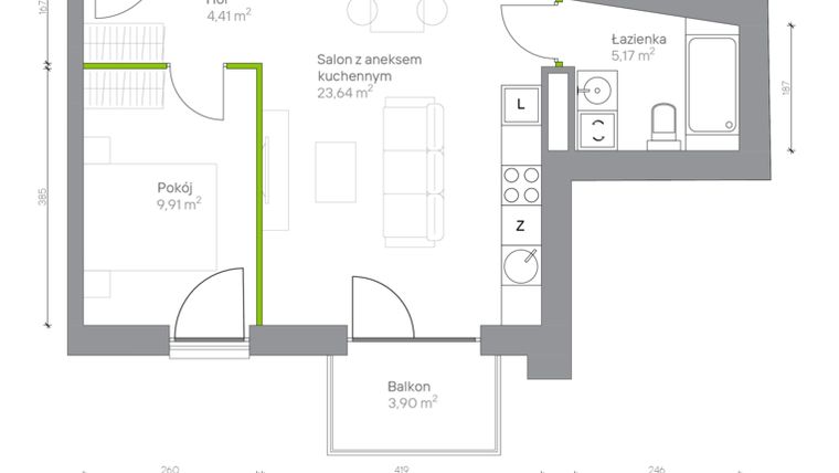 Rzut - Mieszkanie na sprzedaż 2 pokoje o powierzchni 42,66 m² - numer B.1.3 w Jesionowa Vita