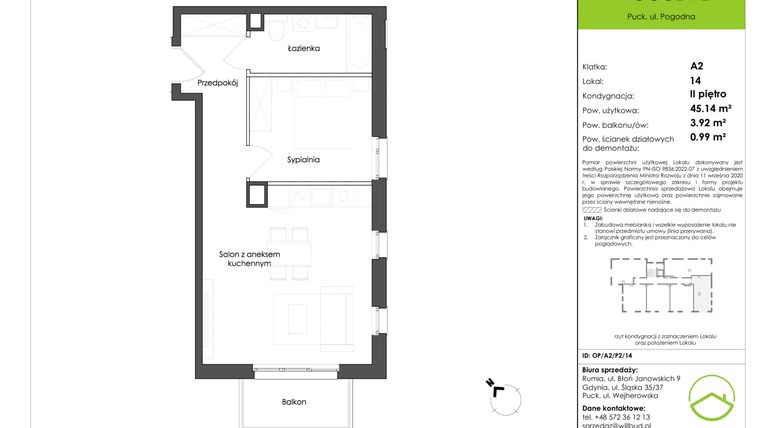 Rzut - Mieszkanie na sprzedaż 2 pokoje o powierzchni 45,14 m² - numer OP/A2/P2/14 w Osiedle Pogodne etap I