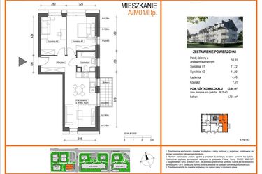 Rzut - Mieszkanie na sprzedaż 3 pokoje o powierzchni 53,84 m² - numer A1/M01/3P w Zielony Brochów 7 - etap A
