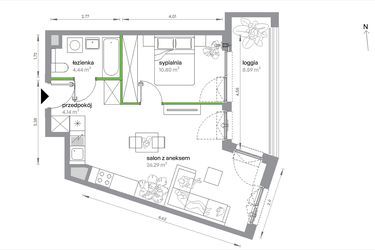 Rzut - Mieszkanie na sprzedaż 2 pokoje o powierzchni 45,67 m² - numer 1/A/3/7 w Sochaczewska Vita