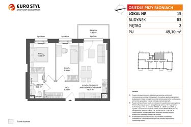 Rzut - Mieszkanie na sprzedaż 3 pokoje o powierzchni 49,1 m² - numer B3.15 w Osiedle Przy Błoniach 3 etap III