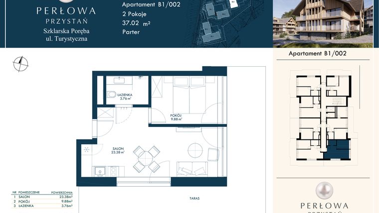 Rzut - Mieszkanie na sprzedaż 2 pokoje o powierzchni 37,02 m² - numer B1/002 w Perłowa Przystań - Szklarska Poręba