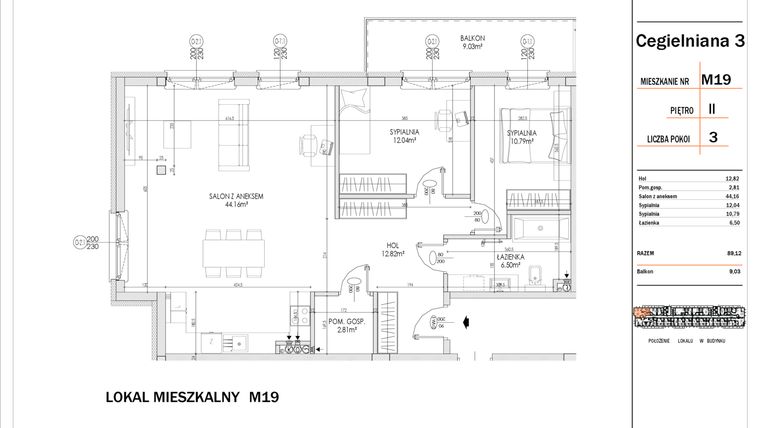 Rzut - Mieszkanie na sprzedaż 3 pokoje o powierzchni 89,12 m² - numer 19 w Osiedle StaLove etap I