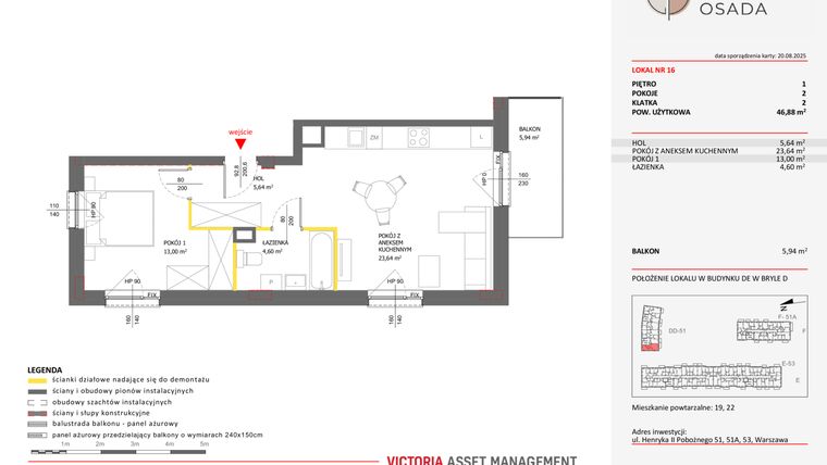 Rzut - Mieszkanie na sprzedaż 2 pokoje o powierzchni 46,88 m² - numer D.16 w Piastova Osada