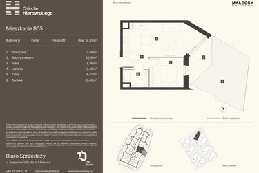 Rzut - Mieszkanie na sprzedaż 2 pokoje o powierzchni 34,55 m² - numer B05 w Osiedle Hierowskiego
