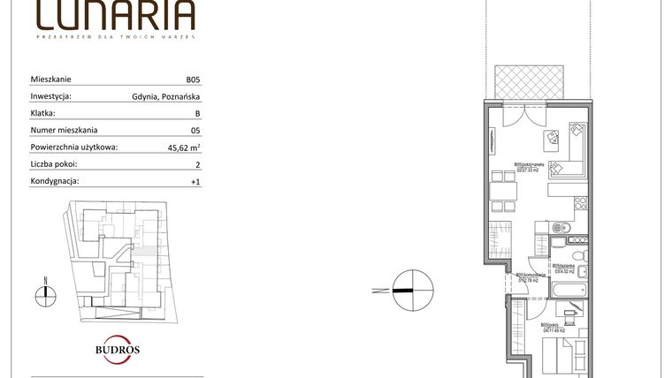 Rzut - Mieszkanie na sprzedaż 2 pokoje o powierzchni 45,62 m² - numer B05 w Lunaria
