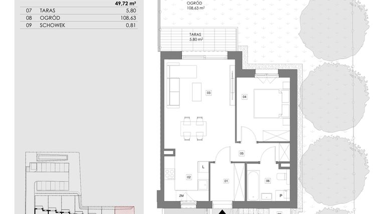 Rzut - Mieszkanie na sprzedaż 2 pokoje o powierzchni 49,72 m² - numer 16.1 w Przystań Sobieszewo