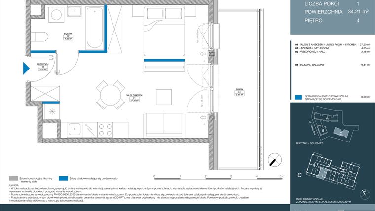 Rzut - Mieszkanie na sprzedaż 1 pokój o powierzchni 34,21 m² - numer C.1.5.3 w Meri Apartamenty