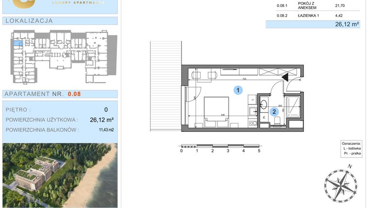 Rzut - Mieszkanie na sprzedaż 1 pokój o powierzchni 26,12 m² - numer 0.8 w Ustronie Luxury Apartments