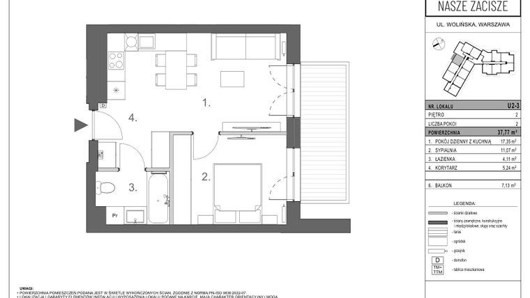 Rzut - Mieszkanie na sprzedaż 2 pokoje o powierzchni 37,77 m² - numer U2-3 w Nasze ZACISZE - inwestycyjne