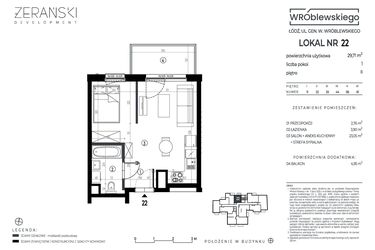 Rzut - Mieszkanie na sprzedaż 1 pokój o powierzchni 29,71 m² - numer A22 w Wróblewskiego