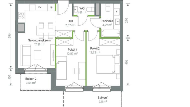 Rzut - Mieszkanie na sprzedaż 3 pokoje o powierzchni 54,17 m² - numer 3/B/4/81 w Oliwska Vita