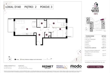 Rzut - Mieszkanie na sprzedaż 3 pokoje o powierzchni 65,36 m² - numer D140 w Osiedle Witaj etap II