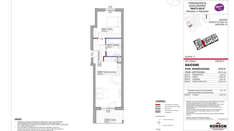 Rzut - Mieszkanie na sprzedaż 2 pokoje o powierzchni 45,39 m² - numer 16_C040 w Miasto Moje 8