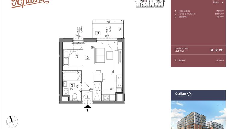 Rzut - Mieszkanie na sprzedaż 1 pokój o powierzchni 31,28 m² - numer G2/1 w Goplana budynek G