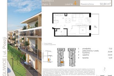 Rzut - Mieszkanie na sprzedaż 2 pokoje o powierzchni 50,84 m² - numer A.4 w Poezji