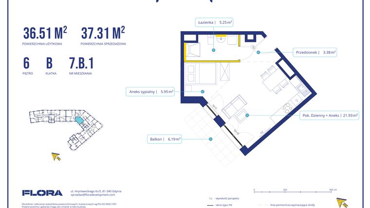 Rzut - Mieszkanie na sprzedaż 1 pokój o powierzchni 36,51 m² - numer 7B1 w Piotra 4