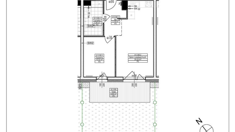 Rzut - Mieszkanie na sprzedaż 2 pokoje o powierzchni 40,39 m² - numer A1.3 w Osiedle Zielone bud. A1, B8