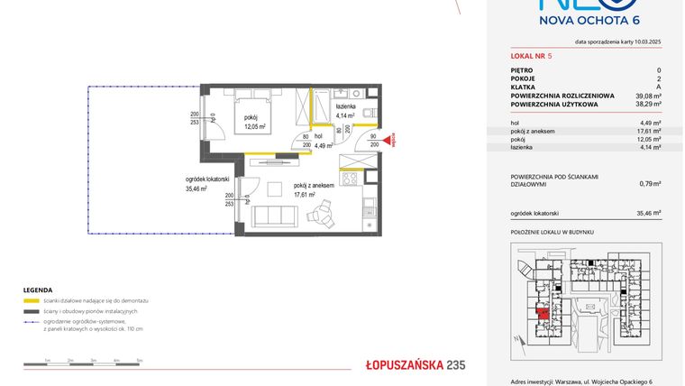 Rzut - Mieszkanie na sprzedaż 2 pokoje o powierzchni 39,08 m² - numer 5 w Neo Nova Ochota 6