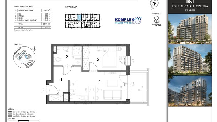 Rzut - Mieszkanie na sprzedaż 2 pokoje o powierzchni 35,8 m² - numer M18 w Dzielnica Kielczanka etap III
