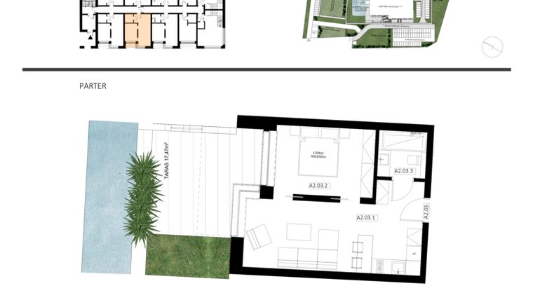 Rzut - Mieszkanie na sprzedaż 2 pokoje o powierzchni 39,46 m² - numer A2.03 w Apartamenty Dźwirzyno