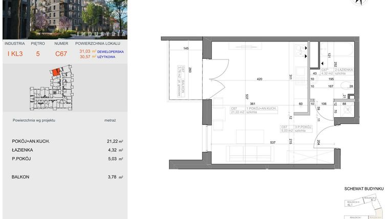 Rzut - Mieszkanie na sprzedaż 1 pokój o powierzchni 30,57 m² - numer I-C67 w Industria etap I-D