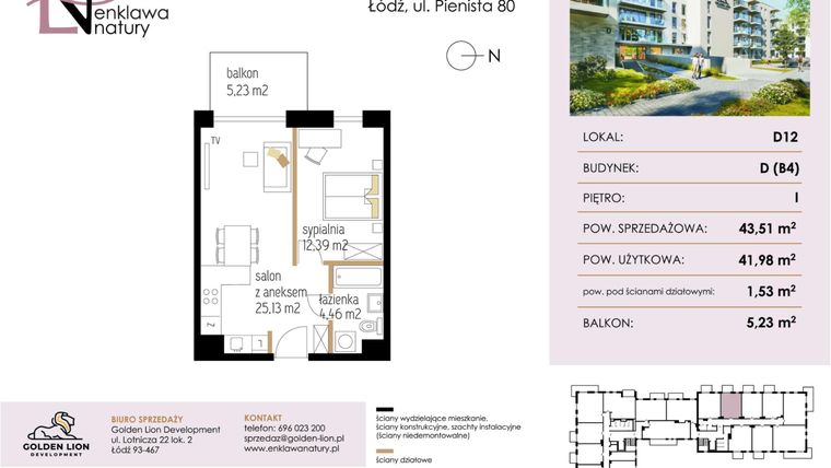 Rzut - Mieszkanie na sprzedaż 2 pokoje o powierzchni 41,98 m² - numer D12 w Enklawa Natury