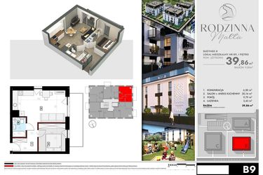 Rzut - Mieszkanie na sprzedaż 2 pokoje o powierzchni 39,86 m² - numer B9 w Rodzinna Malta
