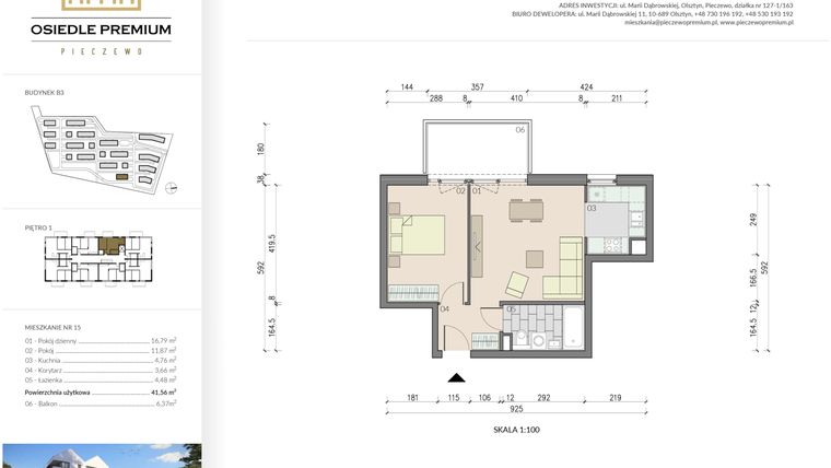 Rzut - Mieszkanie na sprzedaż 2 pokoje o powierzchni 41,56 m² - numer B3.15 w Osiedle Premium etap IV