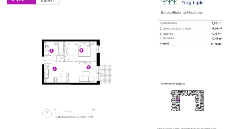 Rzut - Mieszkanie na sprzedaż 2 pokoje o powierzchni 34,81 m² - numer 2.A.0.11 w Murapol Trzy Lipki etap II