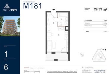 Rzut - Mieszkanie na sprzedaż 1 pokój o powierzchni 29,33 m² - numer M181 w Ultradom