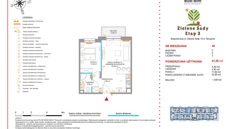 Rzut - Mieszkanie na sprzedaż 2 pokoje o powierzchni 41,5 m² - numer 48 w Zielone Sady etap III B2