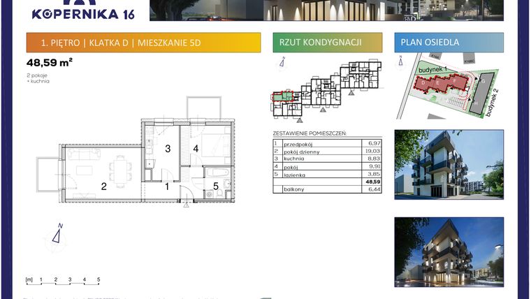 Rzut - Mieszkanie na sprzedaż 2 pokoje o powierzchni 48,59 m² - numer D05 w Kopernika Szesnaście
