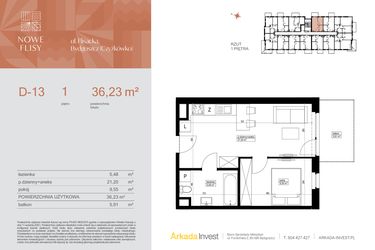 Rzut - Mieszkanie na sprzedaż 2 pokoje o powierzchni 36,23 m² - numer M13_NF.d w Nowe Flisy II