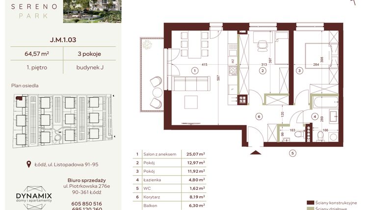 Rzut - Mieszkanie na sprzedaż 3 pokoje o powierzchni 64,57 m² - numer J.M.1.03 w Sereno Park