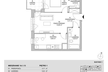 Rzut - Mieszkanie na sprzedaż 2 pokoje o powierzchni 46,62 m² - numer 1A.1.13 w Francuska Park VIIIB