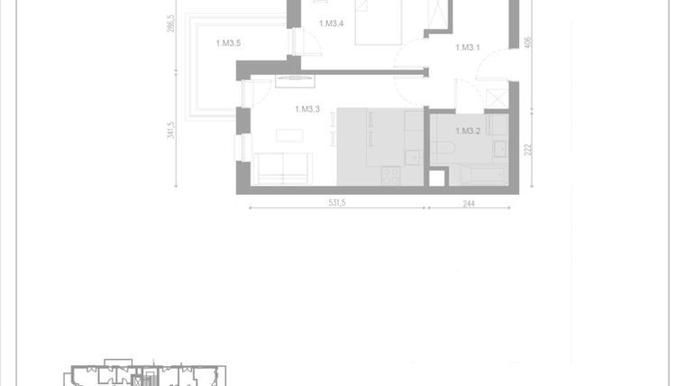 Rzut - Mieszkanie na sprzedaż 2 pokoje o powierzchni 43,47 m² - numer M3 w Apartamenty Casa Sole