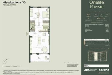 Rzut - Mieszkanie na sprzedaż 3 pokoje o powierzchni 66,33 m² - numer B2/30 w Onelife Powsin