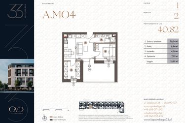 Rzut - Mieszkanie na sprzedaż 2 pokoje o powierzchni 40,82 m² - numer A.M04 w Kopcińskiego 33